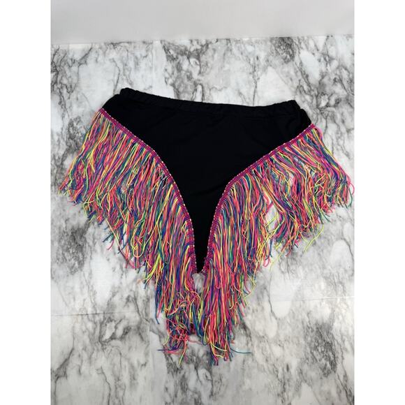 Black Neon Rainbow Fringe Bikini Swim Bottoms Club Wear Rave Womens Size Medium - Picture 1 of 4